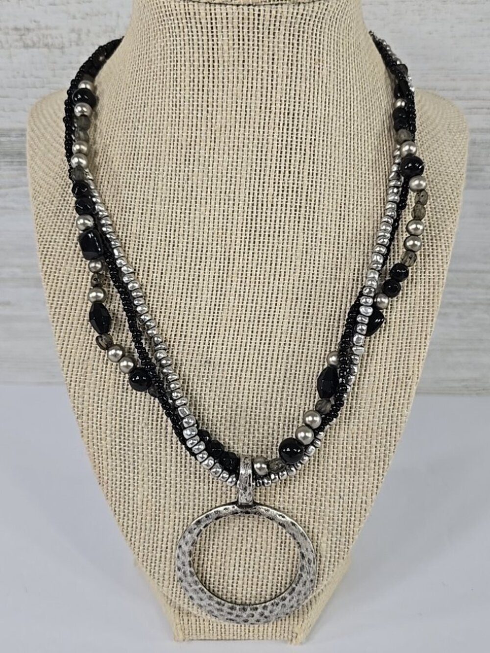 Premier Designs Night Life 3‑Strand Black & Silver Beaded Necklace Round Pendant